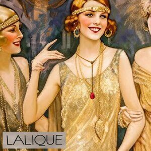 Vntg LALIQUE Ruby Red Crystal Pendant Art Deco Heliconia Leaf 18K Gold Plate